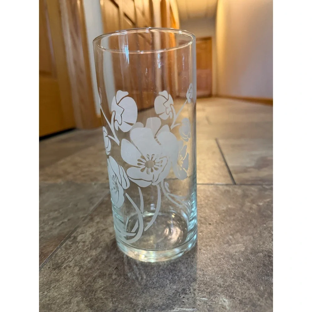 Vintage Clear Glass Cylinder Vase White Floral Screen Print 7.5 Inch Home Decor